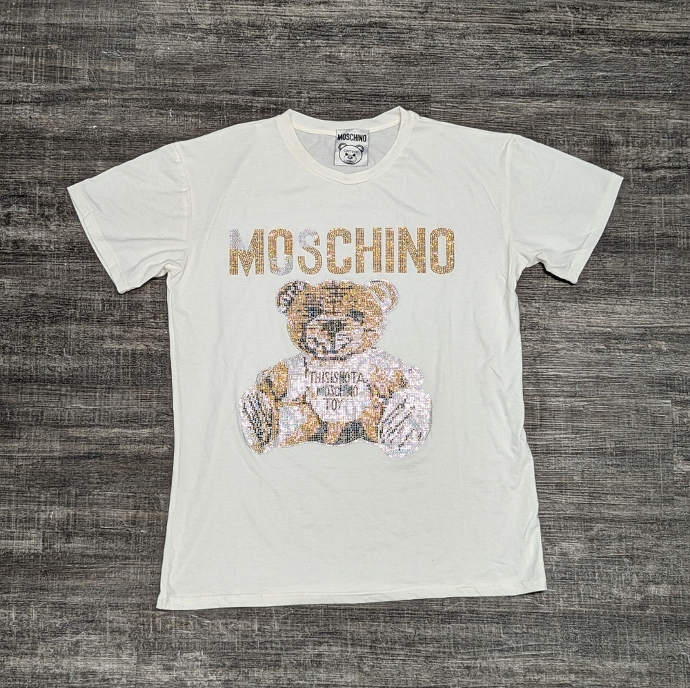 Moschino White Tee with Gold Sequin Teddy